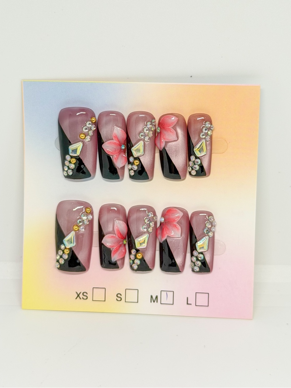 Hand-Painted Pink Floral Rhinestone Press-On Nail Set - Medium